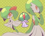  bob_cut colored_skin dress evolutionary_line gardevoir green_background green_hair hair_over_eyes hair_over_one_eye hitsubaru holding_own_arm kirlia looking_at_viewer looking_back multicolored_skin pink_eyes pokemon pokemon_(creature) ralts sidelocks smile starry_background two-tone_skin white_dress white_skin 