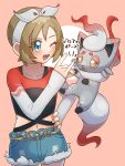  1girl ;d blonde_hair blue_eyes blue_shorts blush bow_hairband denim denim_shorts hairband hand_on_own_hip highres hisuian_zorua irida_(pokemon) irida_(special_costume)_(pokemon) long_sleeves looking_at_another midriff navel official_alternate_costume one_eye_closed open_mouth pitorigoto pokemon pokemon_(creature) pokemon_masters_ex shirt short_hair shorts smile twitter_username white_hairband 