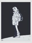  1girl backpack bag boots border from_side full_body gloves greyscale hairband helmet highres jacket long_sleeves monochrome original outside_border profile shoes short_hair signature sky solo soyacomu space space_helmet standing star_(sky) starry_sky 