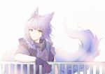  1girl animal_ear_fluff animal_ears arknights backlighting black_gloves braid brown_eyes closed_mouth commentary_request gloves grey_jacket hair_over_shoulder highres jacket joul_0704 light_smile long_hair looking_at_viewer provence_(arknights) puffy_short_sleeves puffy_sleeves purple_hair railing short_sleeves single_braid solo tail upper_body 