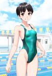  1girl absurdres aqua_one-piece_swimsuit black_hair blurry blurry_background borrowed_character breasts brown_eyes commentary_request competition_swimsuit covered_navel cowboy_shot grin groin highleg highleg_swimsuit highres multicolored_clothes multicolored_swimsuit one-piece_swimsuit original pool short_hair small_breasts smile solo standing string_of_flags swimsuit takafumi variant_set 