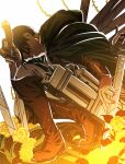  1boy black_cloak black_hair boots bracer brown_footwear cloak dual_wielding embers flower full_body holding holding_sword holding_weapon knee_boots leaf levi_(shingeki_no_kyojin) looking_at_viewer male_focus mixed-language_commentary pants parted_lips rose shingeki_no_kyojin short_hair simple_background solo sword thorns weapon white_background white_pants yellow_flower yellow_rose yuna_(rutera) 
