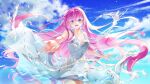  1girl :d ahoge alternate_costume artist_name blue_eyes blue_sky blush breasts cloud dot_nose dress frilled_dress frills hihooo large_breasts long_hair looking_at_viewer megurine_luka open_mouth outstretched_arm pink_hair sky smile solo tongue very_long_hair vocaloid water white_dress 