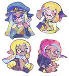  4girls agent_3_(splatoon) agent_3_(splatoon_3) agent_4_(splatoon) agent_8_(splatoon) backpack bag black_jacket blonde_hair blue_eyes braid brown_bag closed_mouth commentary cropped_jacket cropped_torso dark-skinned_female dark_skin eyebrow_cut gun hand_on_own_face hat headphones hero_shot_(splatoon_2) hero_shot_(splatoon_3) highres holding holding_gun holding_weapon inkling inkling_girl inkling_player_character jacket long_hair looking_at_viewer medium_hair multiple_girls octoling octoling_girl octoling_player_character orange_eyes orange_hair peaked_cap pointy_ears red_hair simple_background single_braid smile splatoon_(series) splatoon_2 splatoon_2:_octo_expansion splatoon_3 tentacle_hair thick_eyebrows ufo_sw upper_body v weapon white_background yellow_eyes yellow_jacket 
