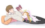  1boy 1girl animal_costume animal_ears blush book brown_hair bunny_costume bunny_ears capelet child eyes_closed ichihara_nina idolmaster idolmaster_cinderella_girls long_hair lying ohlala open_mouth ribbon short_hair sleeping 