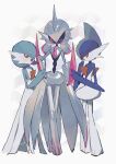  alternate_color arm_blade blue_hair bob_cut colored_skin dress gallade gardevoir grey_armor hair_over_one_eye highres iron_valiant low_twintails multicolored_skin one_eye_closed open_mouth pink_eyes pokemon pokemon_(creature) robot runteya shiny_pokemon simple_background twintails two-tone_skin waist_cape weapon white_background white_dress white_skin 