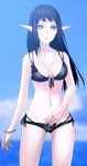  bad_id bad_pixiv_id bare_shoulders bikini black_bikini black_hair blue_eyes bracelet breasts cleavage copyright_request d-pad elf fingernails front-tie_top highres jewelry large_breasts long_fingernails long_hair maco mole navel o-ring o-ring_top parted_lips pointy_ears shiny shiny_skin side-tie_bikini solo swimsuit 