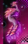  absurdres back blue_eyes checkered_background claws deadpool_yuchan fins floating glowing gradient_background head_fins highres mizutsune monster monster_focus monster_hunter_(series) open_mouth pink_theme purple_fur sharp_teeth signature snout soap_bubbles solo tail teeth whiskers 