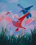  absurdres artist_name blue_sky cloud column day flying grass highres latias latios mountainous_horizon no_humans outdoors pillar pink_clouds pokemon pokemon_(creature) ruins sazanami_(rsrm1) sky 