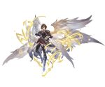  1boy ahoge armor belt bishounen boots breastplate brown_hair cape energy expressionless feathered_wings floating floating_cape full_body granblue_fantasy hair_between_eyes high_heel_boots high_heels holding holding_sword holding_weapon hood hood_down light_frown looking_at_viewer minaba_hideo multiple_wings official_art red_eyes sandalphon_(granblue_fantasy) scabbard sheath sword tachi-e transparent_background weapon white_cape white_wings wings 