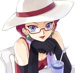  alternate_costume alternate_hairstyle bespectacled breasts chin_rest cleavage drink earrings elbow_gloves glasses gloves hat jewelry medium_breasts musashi_(pokemon) pokemon pokemon_(anime) purple_eyes red_hair scarf semi-rimless_eyewear simple_background sitting smile solo usao_(313131) white_background 