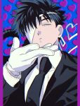  1boy black_hair blowing_kiss blue_eyes gloves hand_up heart looking_at_viewer looking_down male_focus one_eye_covered original parted_lips pointy_hair retro_artstyle suit udukiao white_gloves 