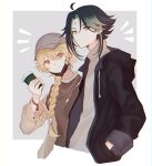  2boys absurdres ahoge black_hair black_hoodie blonde_hair border braid coffee_cup cup disposable_cup earrings facial_mark forehead_mark from_side genshin_impact green_hair grey_background hair_between_eyes hands_in_pockets hat highres hood hoodie jewelry long_braid long_hair looking_at_viewer male_focus mask mouth_mask multicolored_hair multiple_boys open_clothes open_hoodie sarudesuyo short_hair single_braid smile two-tone_hair upper_body white_background white_border 