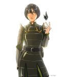  1girl armor artist_name avatar_legends bad_id bad_pixiv_id black_hair closed_mouth fingernails geokinesis grey_eyes hannisen lips looking_at_viewer metal pauldrons shoulder_armor simple_background solo the_legend_of_korra toph_bei_fong white_background 