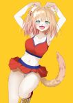  1girl armpits arms_up blonde_hair blush cheerleader furry furry_female green_eyes heart heart_hands highres looking_at_viewer one_side_up original simple_background smile solo standing standing_on_one_leg yellow_background yongen_yu 