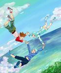  2boys aqua_hair boots brown_hair eureka eureka_seven eureka_seven_(series) eureka_seven_ao falling family fukai_ao highres holding_hands multiple_boys purple_eyes renton_thurston short_hair time_paradox white_footwear 