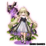  1girl blonde_hair braid child club copyright_name costume_request dmm floral_background flower_knight_girl full_body glowing glowing_eyes horns koonitabirako_(flower_knight_girl) looking_at_viewer skull smoke spiked_club standing tagme weapon white_background yellow_e 