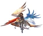  1boy ahoge arm_up armor belt bishounen black_pants blue_wings boots breastplate brown_hair brown_wings cape crazy_smile evil_grin evil_smile full_body granblue_fantasy green_cape grin hair_between_eyes holding holding_weapon hood hood_up minaba_hideo multiple_wings official_art pants red_eyes red_wings sandalphon_(granblue_fantasy) smile solo_focus tachi-e teeth upper_teeth_only weapon white_wings wings yandere 