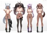 4girls absurdres ahoge animal_ear_fluff animal_ears aqua_eyes averting_eyes black_hair black_thighhighs blush boots breasts brown_eyes brown_hair cat_ears cat_girl cat_tail choker claw_pose closed_eyes collarbone dog_ears dog_girl dog_tail embarrassed female_pubic_hair fox_ears fox_girl fox_shadow_puppet fox_tail full_body grey_hair height_chart highres hololive inugami_korone large_areolae large_breasts lineup long_hair looking_at_viewer medium_breasts medium_hair midnight_(midnightstream3) multicolored_hair multiple_girls navel nekomata_okayu nipples nude ookami_mio open_mouth pigeon-toed pubic_hair purple_eyes purple_hair red_hair shirakami_fubuki shoes single_thighhigh small_breasts smile socks standing stomach streaked_hair striped_clothes striped_socks tail tail_around_own_leg tail_raised thigh_boots thigh_strap thighhighs twintails virtual_youtuber wolf_ears wolf_girl wolf_tail 