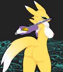 abstract_background bandai_namco breasts butt clothing digimon digimon_(species) female gloves handwear hi_res kasumin_(artist) looking_at_viewer looking_back melee_weapon nipples purple_clothing purple_gloves purple_handwear renamon simple_background solo sword tail tuft weapon yellow_body