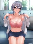  1girl absurdres blue_eyes blue_hair blurry blurry_background bra breasts cleavage collarbone commentary_request couch dangan_kurabu gotland_(kancolle) hair_between_eyes highres indoors kantai_collection large_breasts long_hair looking_at_viewer mole mole_under_eye on_couch open_clothes open_mouth open_shirt panties pantyshot pink_bra shirt sitting skirt solo underwear white_panties white_shirt 