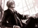  bad_id bad_pixiv_id cigarette formal hair_over_one_eye male_focus monochrome one_piece pants sanji sitting smoking solo suit tsuyomaru 