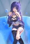  1girl acheron_(honkai:_star_rail) black_gloves black_shorts breasts cleavage coat commentary crop_top dealesis gloves halterneck highres honkai:_star_rail honkai_(series) large_breasts leg_tattoo long_hair midriff navel purple_eyes purple_hair short_shorts shorts single_bare_shoulder single_glove sitting solo tattoo thighs very_long_hair white_coat 