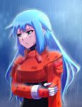  1girl alternate_hairstyle ashe_(mega_man) black_bodysuit blue_hair bodysuit bodysuit_under_clothes crop_top green_eyes highres holding_own_arm injury light_blue_hair long_hair mega_man_(series) mega_man_zx mega_man_zx_advent nobuyu_(77yusei) orange_shirt rain robot_ears shirt solo 