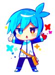  1boy blue_eyes blue_footwear blue_hair blue_pants chibi full_body highres jacket long_sleeves offbeat pants puyopuyo puyopuyo_fever red_eyes shoes short_hair sig_(puyopuyo) simple_background sneakers solo white_background white_jacket 