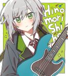  1girl black_jacket blush border character_name closed_mouth cocov collared_shirt dot_nose dutch_angle electric_guitar green_background green_eyes grey_hair guitar highres hinomori_shiho holding holding_instrument instrument jacket light_frown long_sleeves looking_at_viewer necktie open_clothes open_jacket outside_border project_sekai red_necktie shirt short_hair sidelocks simple_background solo striped_necktie white_border white_shirt 