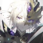  armor bangs bishounen blurry broken_mask chromatic_aberration closed_mouth commentary_request depth_of_field eyelashes fate/grand_order fate_(series) gao_changgong_(fate) hair_between_eyes half_mask head_tilt looking_at_viewer male_focus portrait purple_eyes rella shards short_hair simple_background solo white_background white_hair 