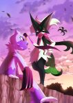  artist_name claws closed_mouth cloud cloudy_sky commentary_request dawn fang furry gradient_sky green_fur highres meowscarada outdoors pokemon pokemon_(creature) purple_sky red_eyes sitting sky smile sneasler standing watermark yukari_(yukari21653710) 
