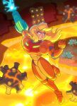  1girl arm_cannon blonde_hair blue_eyes breasts highres juicyartz large_breasts long_hair looking_to_the_side metroid ponytail samus_aran smile thick_thighs thighs toon_(style) weapon wide_hips 
