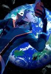  1boy asteroid blue_eyes blue_hair earth_(planet) floating highres holding holding_phone male_focus official_alternate_costume phone planet pokemon pokemon_masters_ex poryphone solo space star_(sky) steven_stone steven_stone_(sygna_suit) tsu_(md_tsune) 