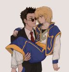  2boys absurdres androgynous arm_around_shoulder black_eyes black_hair black_suit blonde_hair blush carrying carrying_person collarbone collared_shirt hair_between_eyes highres hunter_x_hunter ik18166181ik kurapika leorio_paladiknight looking_at_another male_focus multiple_boys necktie princess_carry profile red_necktie round_eyewear shirt short_hair sideburns spiked_hair standing suit sunglasses sweatdrop white_background yaoi 