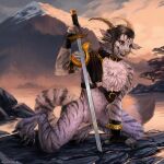 anthro bodily_fluids charr claws clothing curved_horn detailed_background eleacat fangs featureless_chest felid female fingerless_gloves flat_chested genital_fluids genitals gloves green_eyes guild_wars handwear hi_res holding_melee_weapon holding_object holding_sword holding_weapon horn kneeling looking_at_viewer mammal melee_weapon mostly_nude mountain multi_ear nature outside pussy river sabertooth_(anatomy) sky solo sunset sword teeth vaginal_fluids weapon whiskers