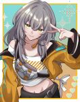  1girl bare_shoulders commentary crop_top grey_hair hand_up highres honkai:_star_rail honkai_(series) jacket long_hair long_sleeves looking_at_viewer midriff navel nayoton77 off-shoulder_shirt off_shoulder official_art open_clothes open_jacket shirt smile solo stelle_(honkai:_star_rail) trailblazer_(honkai:_star_rail) upper_body v white_shirt yellow_eyes yellow_jacket 