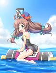  blue_eyes brown_hair browser_sangokushi hat long_hair masakichi_(crossroad) one-piece_swimsuit riding sangokushi_taisen scroll solo swimsuit water 