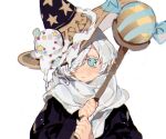  1boy black_cloak candy_wrapper cloak cookie_run food food_on_head hair_over_one_eye hat holding holding_staff humanization ice_cream object_on_head sapphire_(nine) scarf simple_background solo staff upper_body white_background white_hair white_scarf wizard_cookie wizard_hat 