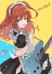  1girl :d alternate_costume apron artist_name blush bocchi_the_rock! copyright_name dress elbow_blush enmaided floral_print frilled_apron frilled_dress frills guitar guitar_strap hair_between_eyes hairband highres holding holding_guitar holding_instrument instrument jun_(rellik_&amp;_redrum) kita_ikuyo long_hair looking_at_viewer maid maid_apron maid_headdress one_side_up open_mouth prs_guitar red_hair simple_background skirt smile solo spots two-tone_background waist_apron white_apron wrist_cuffs 