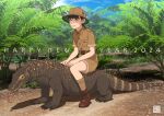  1girl 2024 absurdres brown_eyes brown_footwear brown_hair brown_hat brown_shorts brown_socks chinese_zodiac commentary_request full_moon happy_new_year highres jungle komodo_dragon moon nature original shinchou_ni_kansuru_kousatsu shoes shorts signature sitting sitting_on_animal smile socks solo year_of_the_dragon 