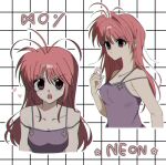  1girl antenna_hair camisole character_name collarbone commentary grid_background highres hunter_x_hunter long_hair looking_at_viewer looking_to_the_side multiple_views neon_nostrade open_mouth purple_camisole purple_eyes red_hair teeth umxx_i upper_body upper_teeth_only 