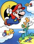  90s blue_eyes brown_hair cape cloud eyes flying hat koopa_troopa land lowres male male_focus mario mario_(series) mountain nintendo ocean official_art overalls parakoopa_troopa super_koopa super_mario_bros. super_mario_world surprised water 