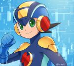  1boy bare_shoulders blue_background blue_bodysuit blue_helmet bodysuit brown_hair clenched_hand emblem glint green_eyes helmet looking_at_viewer mega_man_(series) mega_man_battle_network_(series) megaman.exe o_deko smile solo spiked_hair upper_body 