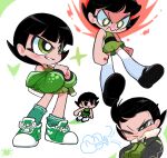  1girl angry black_footwear black_hair blush bright_pupils buttercup_(ppg) chibi cracking_knuckles dress green_dress green_eyes green_footwear green_jacket green_socks grin heart highres jacket kim_crab loose_socks mary_janes nose_blush one_eye_closed powerpuff_girls shoes short_dress sleeveless sleeveless_dress smile socks solo standing thighhighs white_background white_pupils white_thighhighs wind 