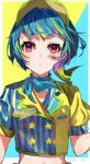  1girl asahina_(asahina_0428) blue_hair blue_neckerchief blunt_bangs closed_mouth clothes_writing commentary_request cropped_shirt eyeshadow facial_mark gradient_hair green_eyeshadow green_hair highres looking_at_viewer makeup mika_pikazo_(style) multicolored_hair neckerchief omega_auru omega_auru_(primagista) pink_eyes pretty_series puffy_short_sleeves puffy_sleeves short_hair short_sleeves solo streaked_hair two-tone_shirt upper_body visor_cap waccha_primagi! waitress wind 