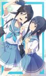  2girls 3s black_hair blue_eyes blue_neckerchief blue_skirt hibike!_euphonium highres kasaki_nozomi kitauji_high_school_uniform liz_to_aoi_tori multiple_girls neckerchief school_uniform selfie shirt short_sleeves skirt smile v white_background white_shirt yoroizuka_mizore 