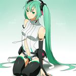  bridal_gauntlets catgirl0926 green_eyes green_hair hatsune_miku hatsune_miku_(append) highres long_hair navel seiza sitting solo thighhighs twintails very_long_hair vocaloid vocaloid_append 