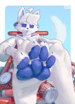 2024 4_toes absurd_res anthro backwards_baseball_cap backwards_hat baseball_cap biped blue_nose blue_pawpads blue_tongue can clothing container digital_media_(artwork) domestic_cat english_text feet felid feline felis foot_focus hat headgear headwear hi_res mammal pawpads rz54 rz54_(rz54) simple_background solo text toes tongue tongue_out white_body