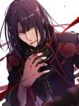  1boy absurdres black_coat black_hair blood blood_on_mouth changpao chinese_clothes coat curtained_hair fate/grand_order fate_(series) gold_trim hair_between_eyes high_collar highres long_hair long_sleeves male_focus morita_yuu open_mouth purple_eyes red_trim solo tai_gong_wang_(fate) 